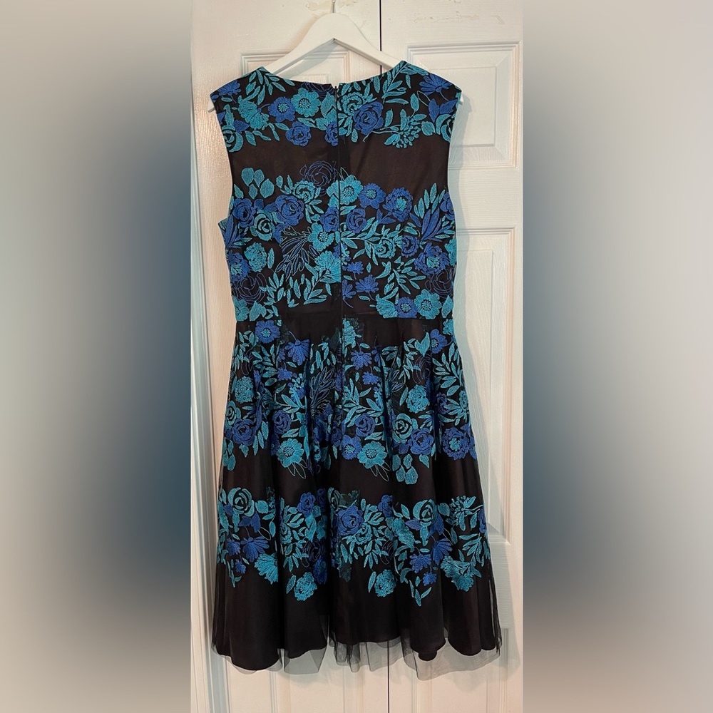 Tahari Black and Blue Floral Midi Dress